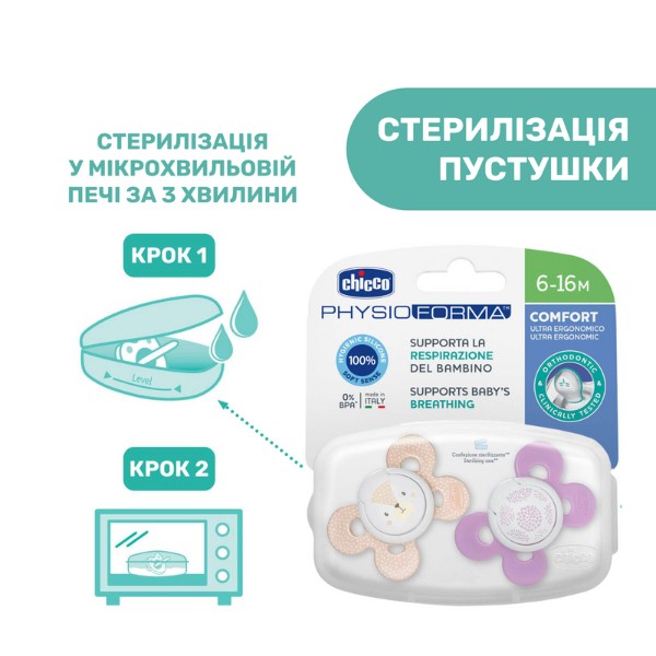 Фото - Ортодонтическая пустышка Chicco Physio Comfort 6-16 месяцов 2 шт. в ассортименте (74933.11.00.00)